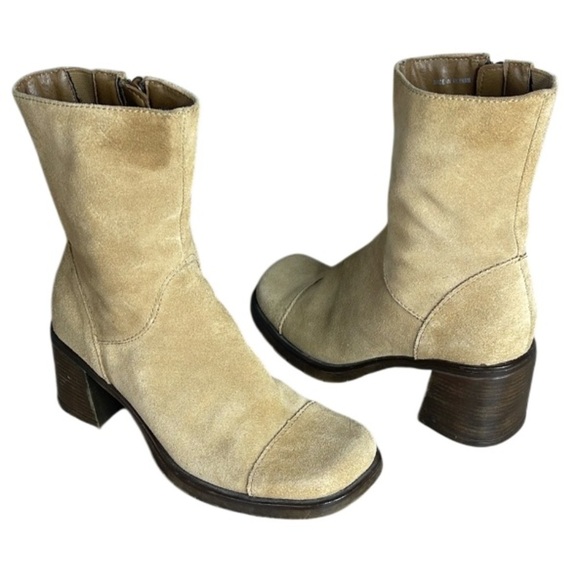 Vintage Y2K Transit Tan Suede Chunky Over Ankle Boots Square Toe Block Heel 38 - Picture 1 of 11